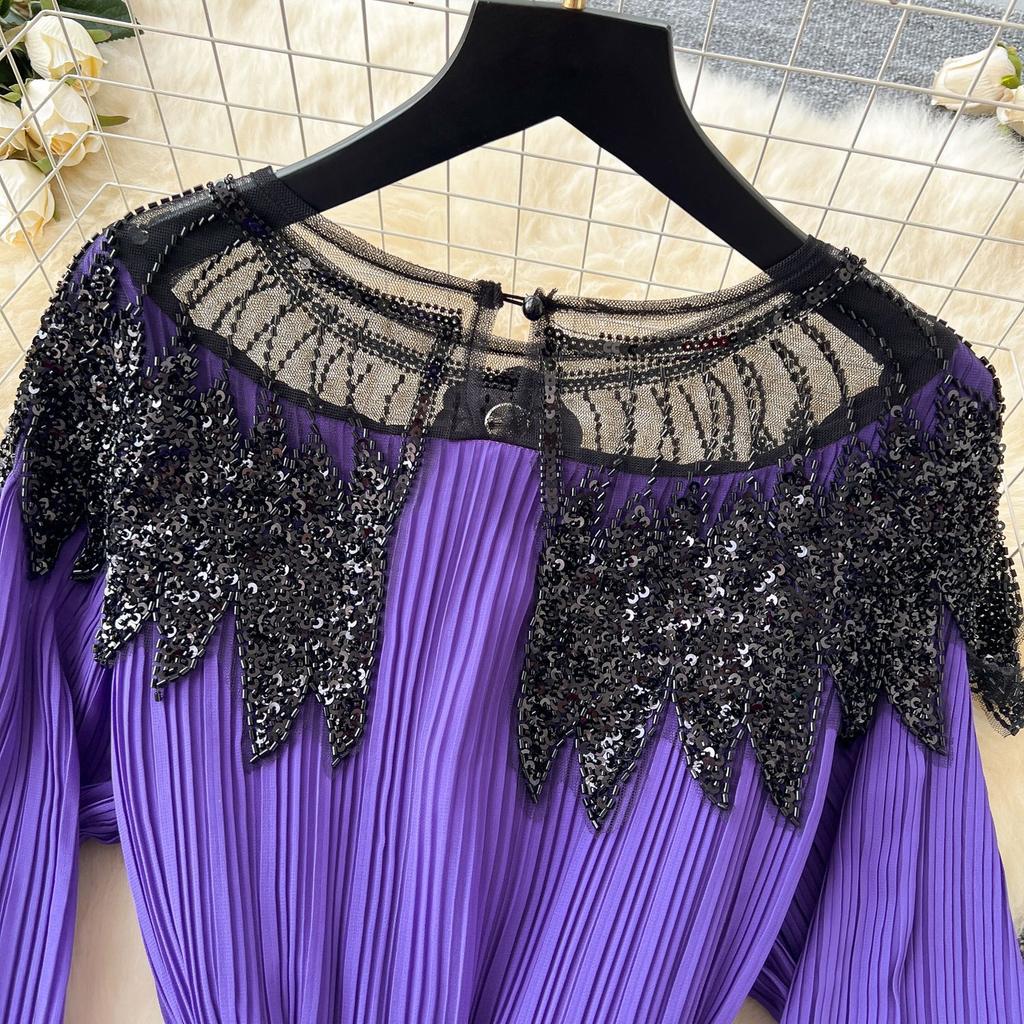 Vintage Hofstil Herbst Schwerindustrie Paillettenbestickt Langes Plissee Puffärmel Kleid Damen Plisseerock