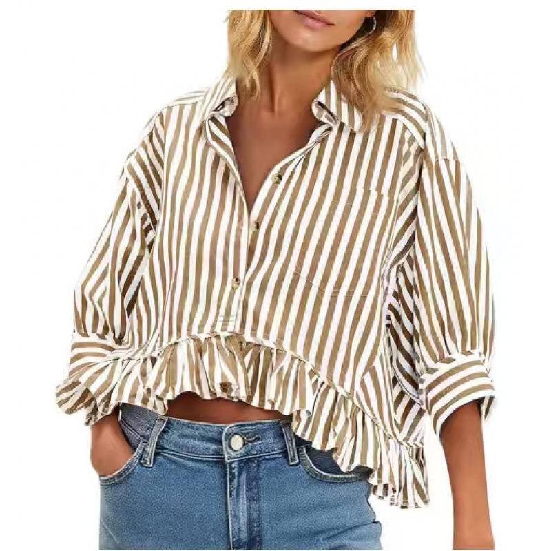 European and American women's clothing fashion commuter striped lace hem loose shirt five-quarter sleeve shirt