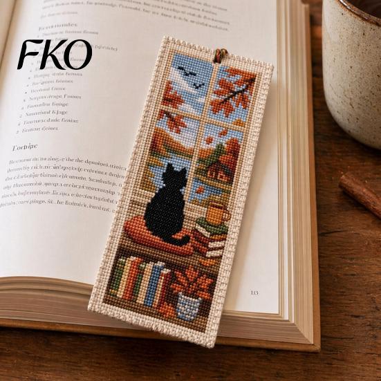 Delicate Stitching Bookmark DIY Stitch Kit for Adults Beginners, Seasonal Cat Retro Handmade Embroidery Kit, Gifts Lovers, Readers Craftsmanship