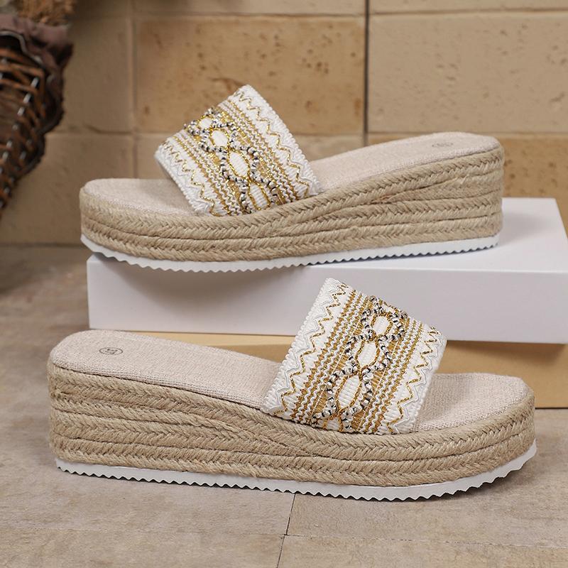 Fashion New Summer Espadrilles Platform Slippers Women Bohemian Style Gold Striped Wedges Sandals Woman Thick Sole Casual Beach Slippers