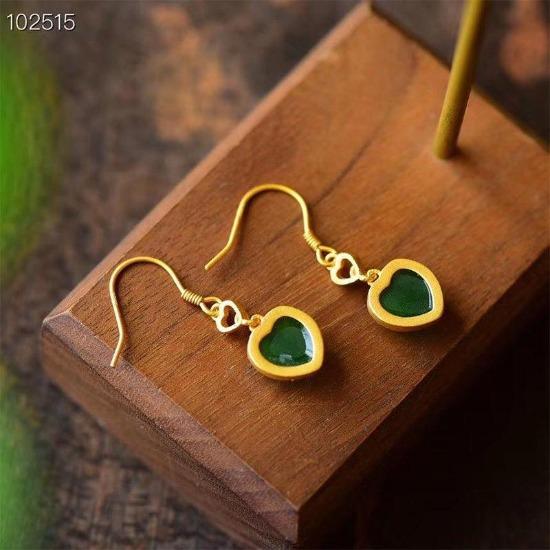 New Arrival Inlaid Natural Hetian Jade Heart Shaped Earrings Chinese Style Retro Fresh Romantic Fairy Charm JewelryRetro Charm