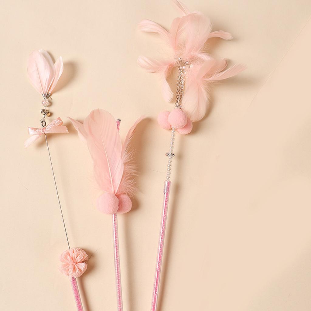 3Pcs Cat Teaser Wand Interactive Cat Feather Toy with Bell for Cat Kitten Playing Pink