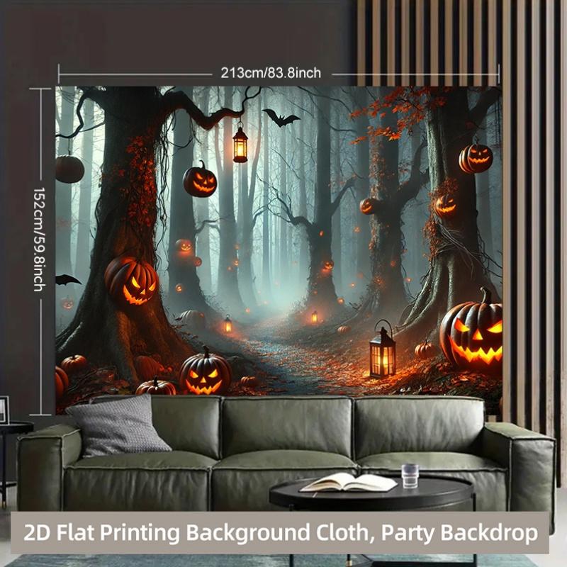 1 piece of 2D background fabric polyester banner of night moon and eerie pumpkin lanterns durable materialzyc