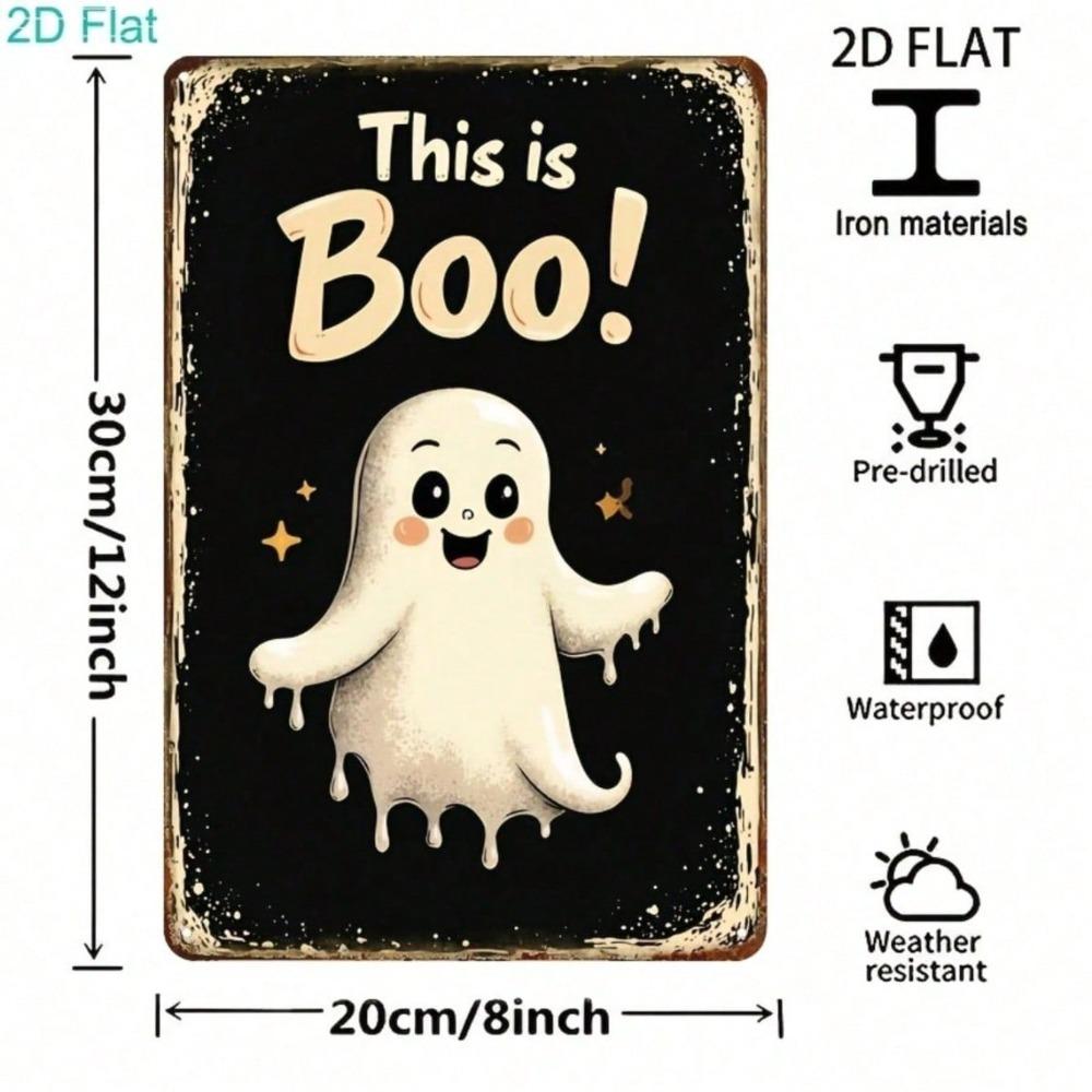 Spooky Boo Ghost Metal Tin Sign, Vintage Farmhouse Halloween Wall Art, 2D Decor for Kitchen, Garage, Bar, Cafe