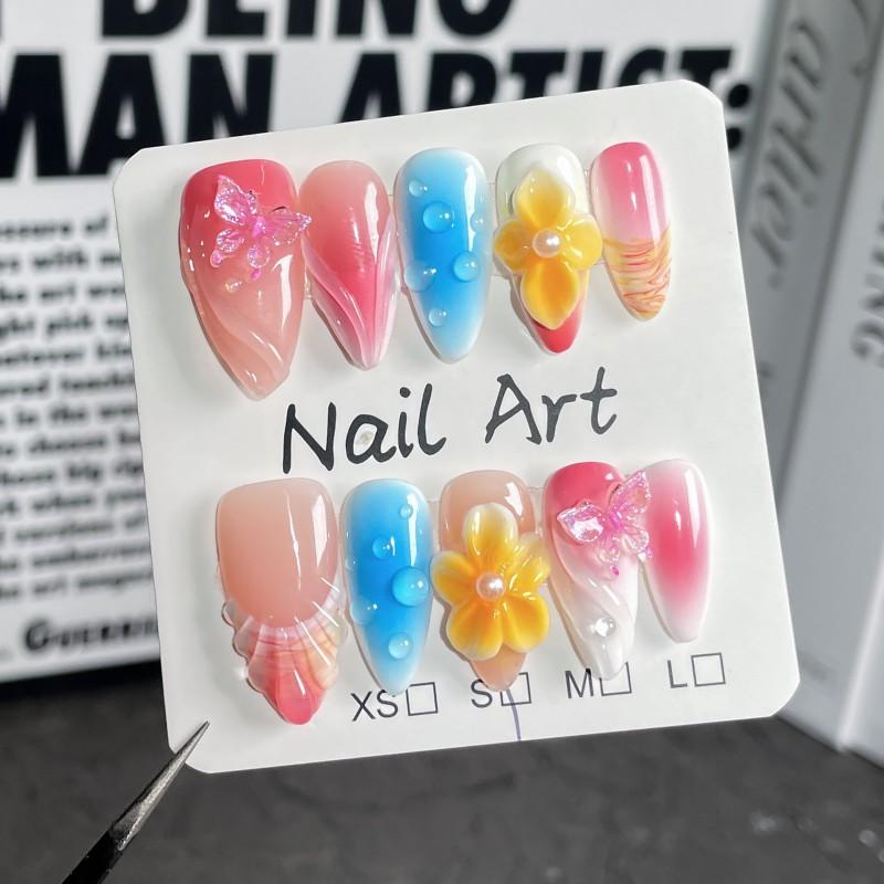3D Embossed Floral Butterfly Press-On Nails Almond Shape Ice-Transparent French Tips Full Cover Nail Art Extra Small