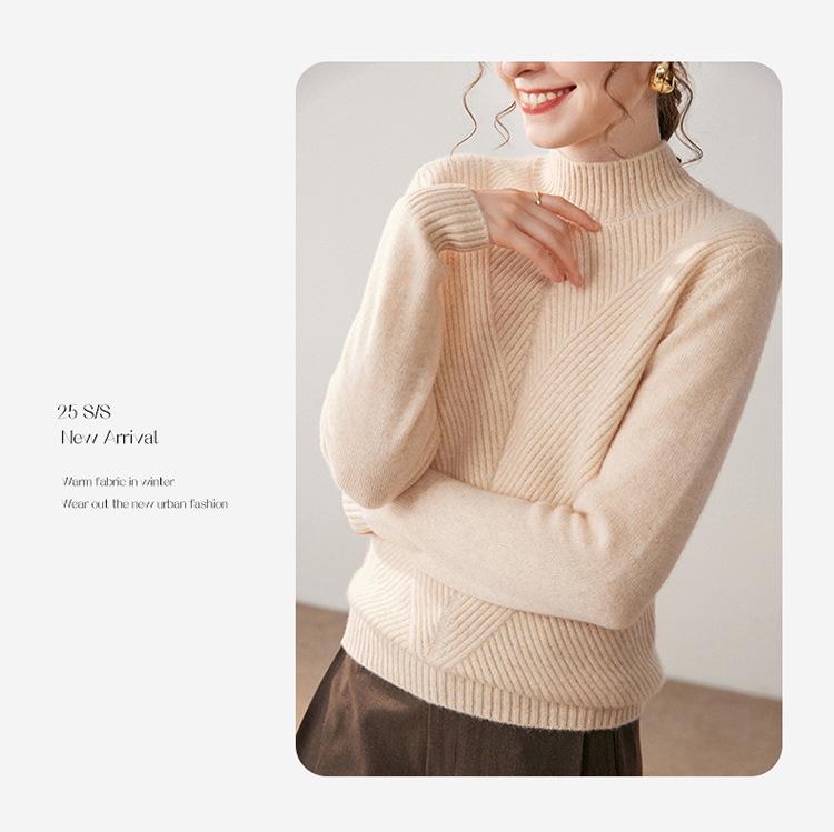 Women's Urban Casual Cashmere Sweater - Half-High Neck, Long Sleeve, Thick, Solid Color, Autumn/Winter Pullover Base Layer.