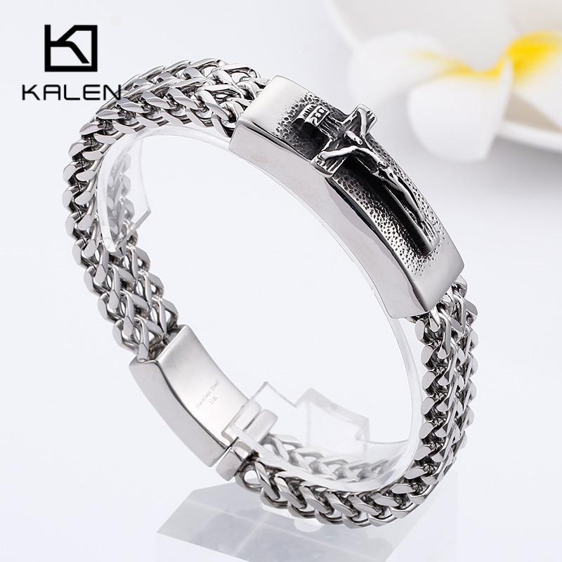 Kalen Classic Christian Jesus Cross Charm Bracelets on Hand for Men Stainless Steel Mesh Chain Link Armband Prayer Jewelry