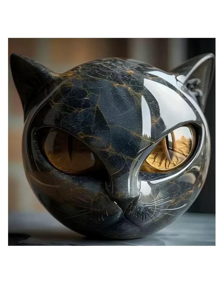1Pcs Blue Luxurious Black Cat Stone Resin Sculpture - Elegant Volcanic Rock Effect Statue With