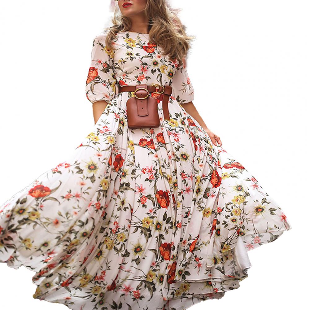 Abito stampato aderente, elegante abito lungo floreale per donna, silhouette a trapezio, design a vita alta, dettaglio mezza manica per primavera estate