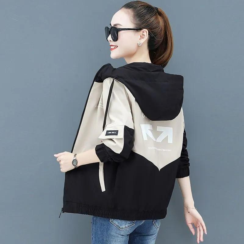 Women's Spring and Autumn Loose Hooded Trench Coat Printed Design Color Clash Jacket
