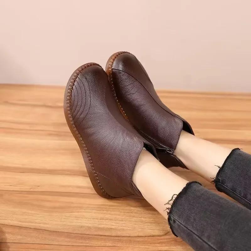 

Осень 2025 Ретро Обувь Женская Зимние Сапоги Женские Туфли из Натуральной Кожи Женские Ботильоны На Плоской Подошве На Молнии Botas 35