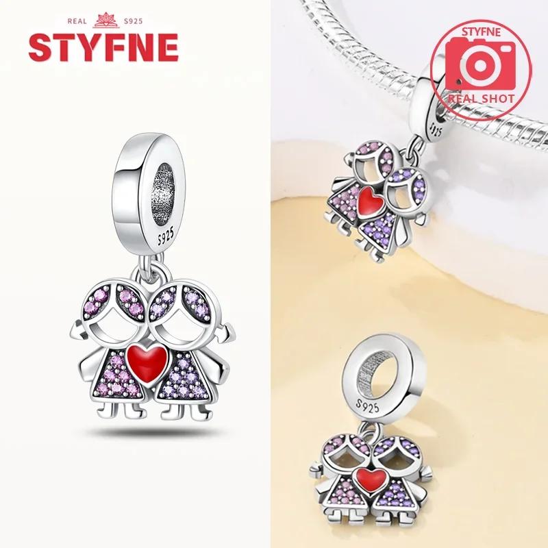 925 Silver Sisters On Swing Heart Charm Beads DIY Bracelet Fine Jewelry Gift for Women Sister Forever