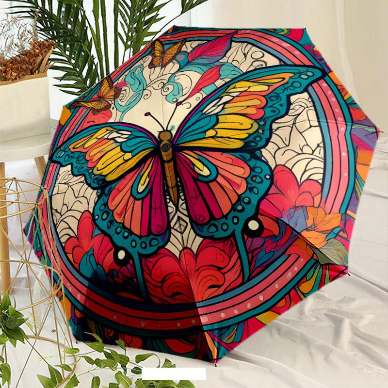 

Retro Butterfly 4 Design Automatic One-Button Umbrella - Vibrant Floral & Butterfly Pattern, 8-Rib Durable Frame, Compact Trav Iron&8K