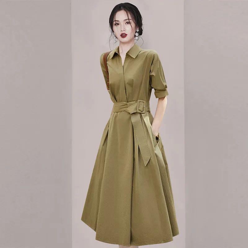 

2025 Summer Slimming French Goddess Style Retro Waist-Cinching Dress M 90-105 lbs хаки