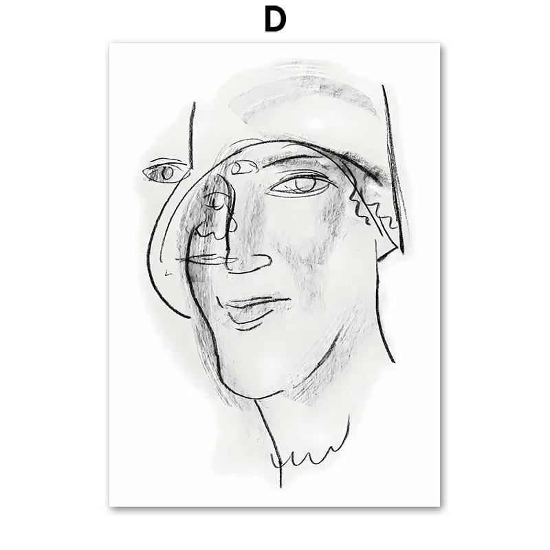 Abstraction-Woman Line Face Flower Leaves Canvas Painting, Color Block Wall Art, Posters and Prints, Pictures for Living Room De