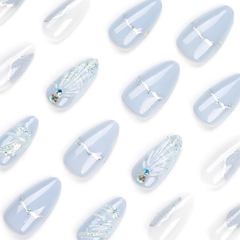 Cross-border hot-selling wearing nail pads finished products wholesale cool color 3D water drop shell manicure almond fake nails
