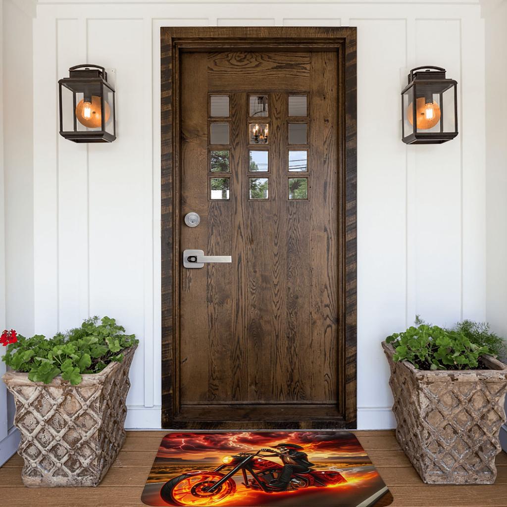 Retro Flame Skull Riding Motorcycle Floor Door Kitchen Bathroom Mats Anti-Slip Indoor Doormat Living Room Entrance Carpet Rug
