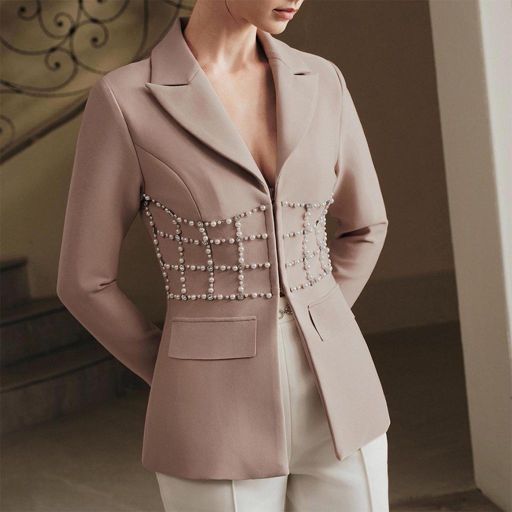 Elegant European & American Rhinestone Beaded Waist-Cinching Women's Suit Coat