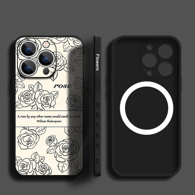 

Тонкий магнитный чехол с принтом розы для iPhone 16 Pro Max 15 14 Pro 13 12 11 с рисунком для Magsafe, матовый TPU-шнурок, противоударный защитный чехол для объектива телефона iPhone 16 дымный черный