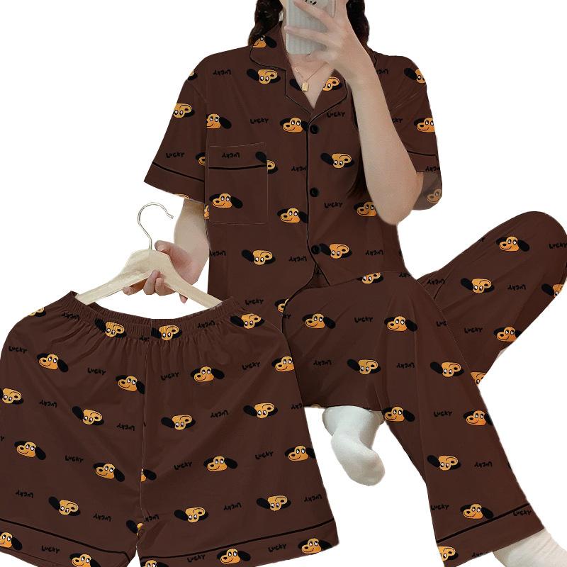 Chien au Café Printemps Été Manches Courtes Pyjama Imprimé Femme Mode Maillard Tenue d'Intérieur Ensemble Trois Pièces