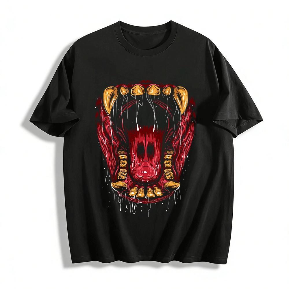 Dark Style Muscle Fangs Mouth Print Trendy Cool T-shirt Pure cotton T-shirt XXS