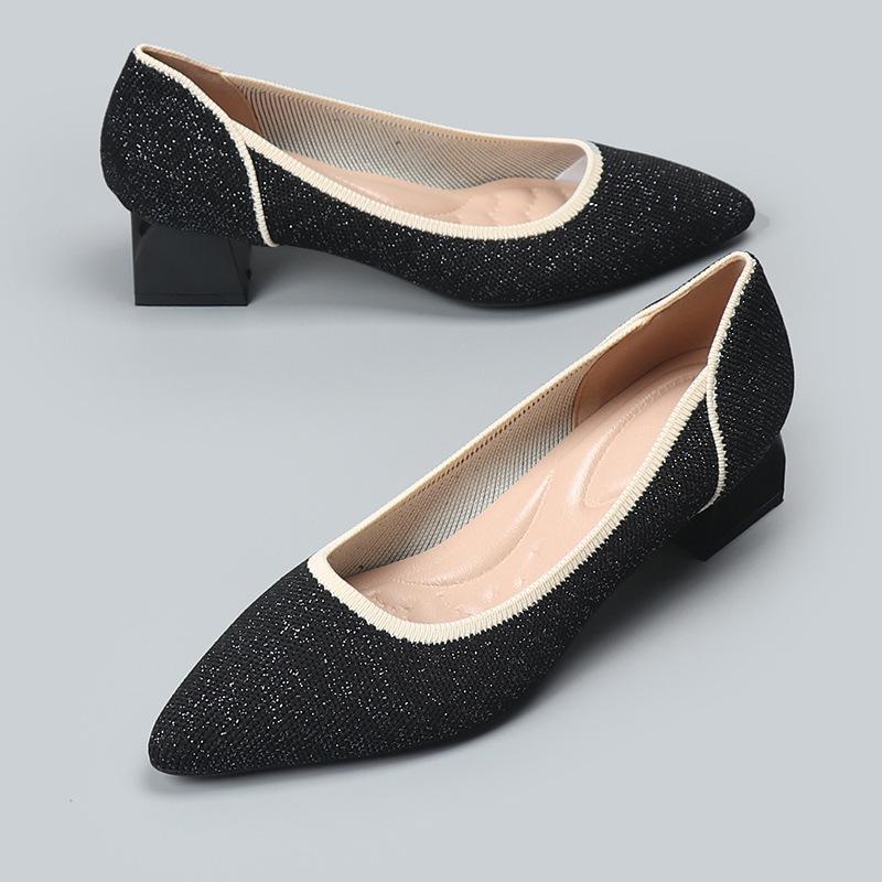 Frühling und Herbst spitze fliegende gestrickte Einzelschuhe mittlerer Absatz gestricktes Fluggarn gestrickte Damenschuhe dicker Absatz