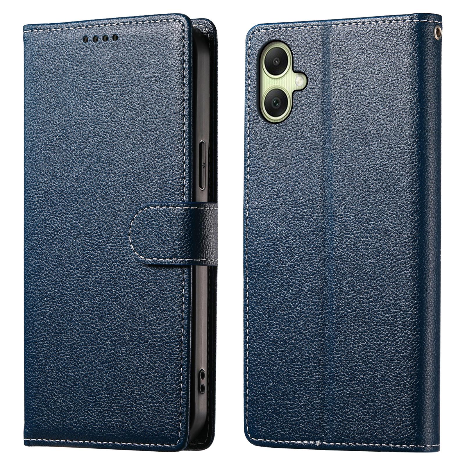 

For Samsung Galaxy A06 4G Case Litchi Texture Leather Magnetic Clasp Wallet Stand Phone Cover with Wrist Strap Dark Blue