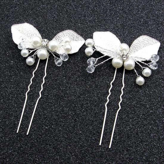 Bridal Wedding U Shape Leaf Rhinestone Faux Pearl Hair Stick Hairpins Gifts