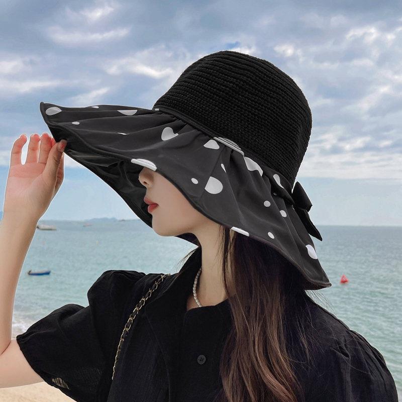 Fashion Bucket Hat Women's Summer Vinyl Sunscreen Large Brim Hollow Polka Dot Face Shade Sun Hat Sun Hat