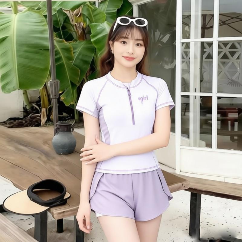 

160kg Swimsuit Sports Split Two-piece Fat Mm Women s Short-sleeved Slimming Color Matching Hot 2XL recommended 125-135 kg светло-фиолетовый