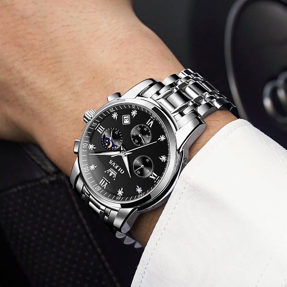 OLEVS Men's Luxury Analog Quartz Watch Silver Black Two-Tone Waterproof Date Display Stainless Steel Casual Timepiece