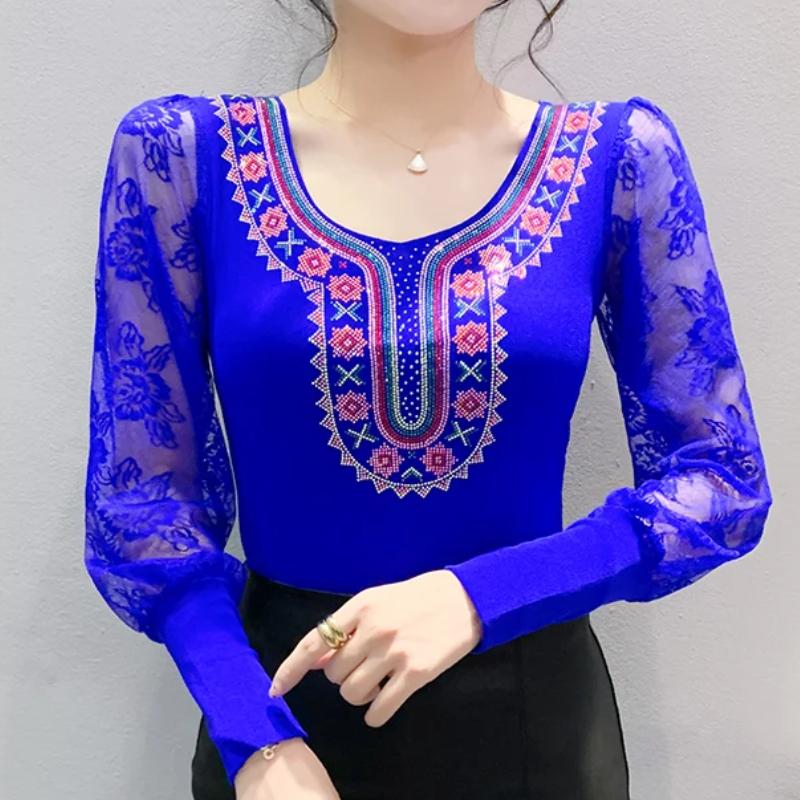 Spring Autumn European Clothes Women's T-Shirt Sexy Lace Long Sleeve Mesh Tops Chic Vintage Luxury Hot Diamonds Tees Shirts