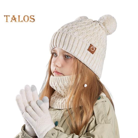 Kids Winter Hat Gloves Scarf Set Cold Weather Knitted Bear Hat with Pom Fleece Lined Neck Warmer Mitten Set for Girls Boys Ages 4-10 Outdoor