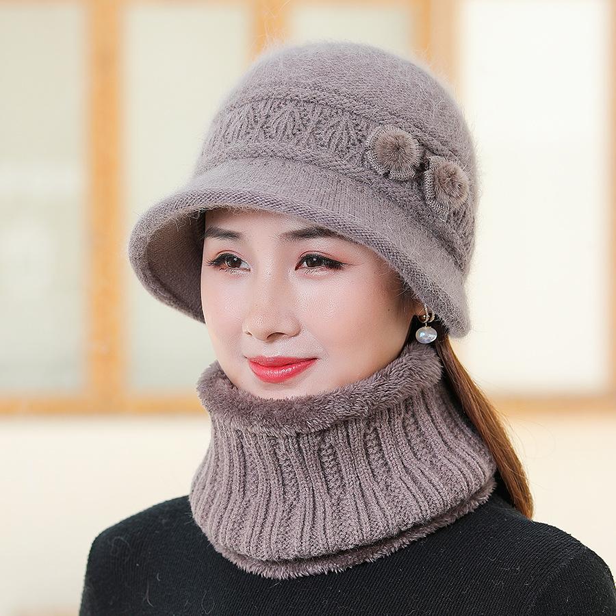 Winter Middle-aged Elderly Mothers' Hats Rabbit Fur Plush Thick Knitted Basin Hats Warm Windproof Hats Neckband Kit