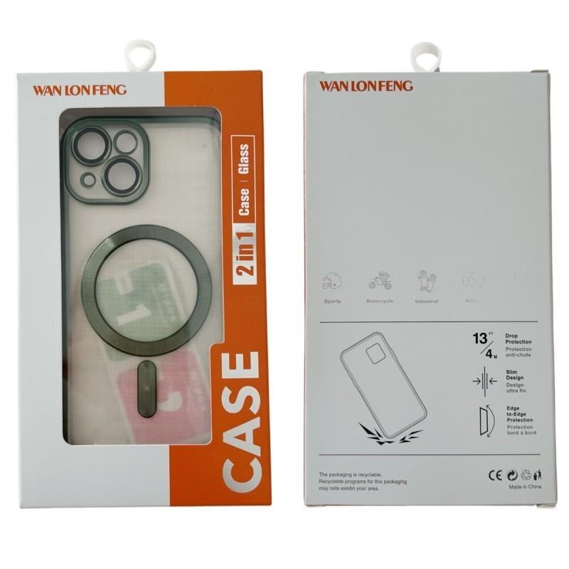 For iPhone 15 Pro Max Magnetic Case WANLONFENG Electroplated TPU Cover with Lens Film+2Pcs Tempered Glass