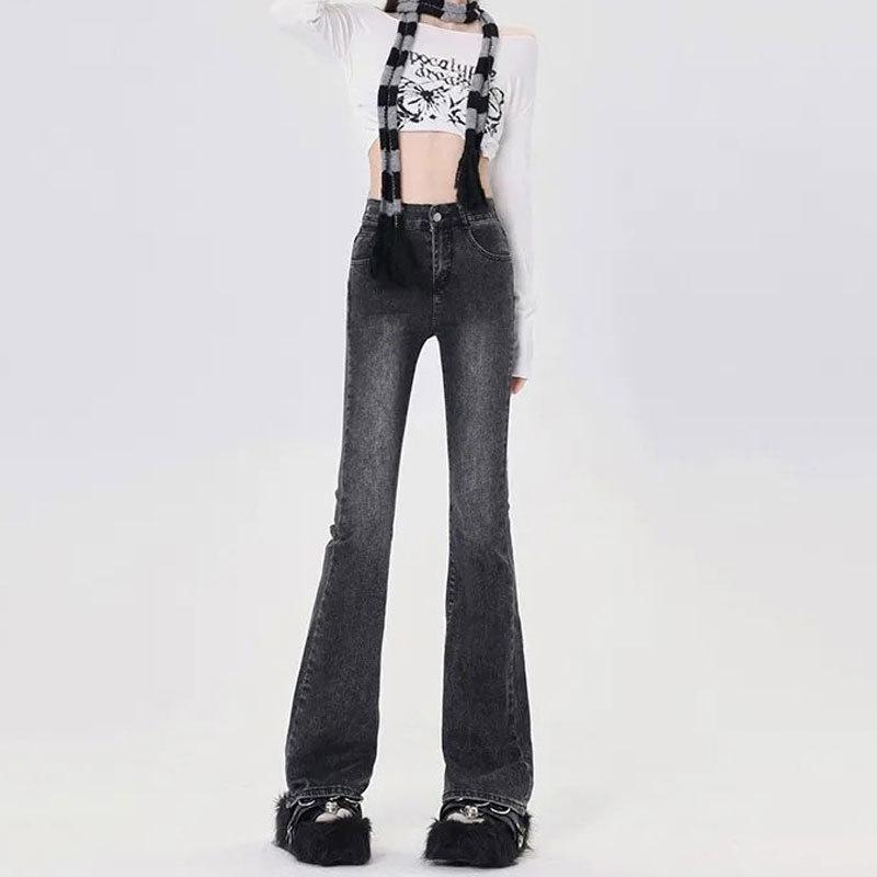 High Waist Black Gray Flare Jeans: Women's Slim Fit Korean Style, Stretchy, Floor-Length, Straight Leg, Horseshoe Design.