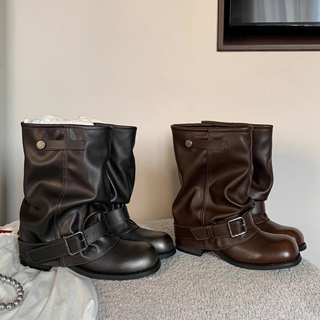 Leather version! Spice Girls Pants Boots Women's Pleated Pile Boots Retro British Maillard West Martin Boots