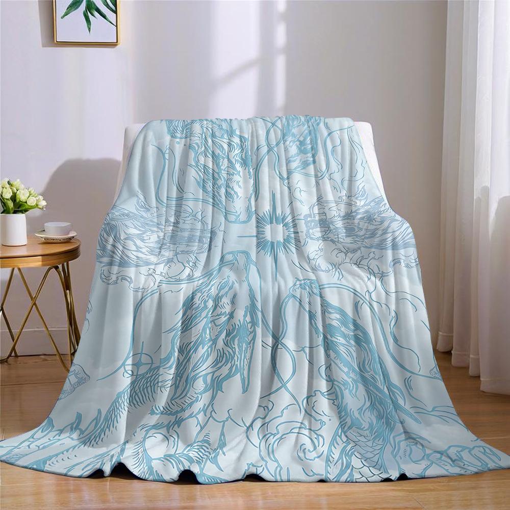 Cyan Dragon Spiral Flannel Blanket Warm Soft Halloween Christmas Couch Warm Cozy Decorative Decor Gift for All Season