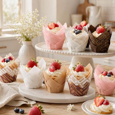 50 adet Lale Muffin Cupcake Kağıt Bardakları Yağ Geçirmez Cupcakeler Liner Pişirme Muffin Kutusu Cupcake Dekorasyon Araçları Muffin Sarma Kutuları