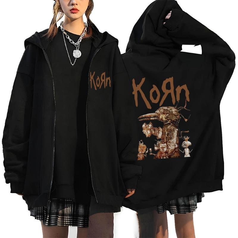 Korn Rock Band Letter Logo Zipper Hoodie Men's Metal Gothic Vintage Oversized Zip Up Hoodies Streetwear Punk Sweat Shirts Jacket