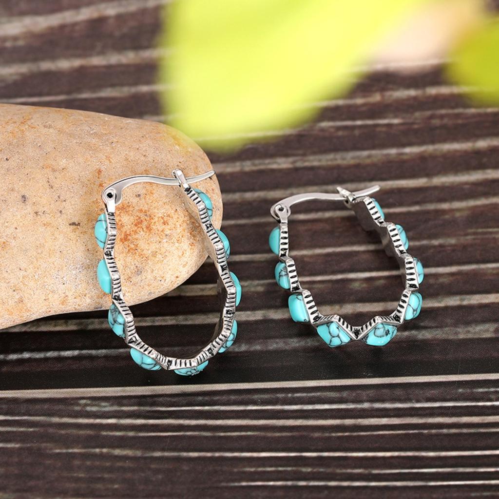 Retro Boho Geometric Zigzag Turquoise-Tone Hoop Earrings