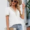 Casual Elegant Lace Shirts Fashion Summer Short Sleeve T-shirt Woman Tops Hollow V-neck Blouse Women Solid Color Blusas 25814