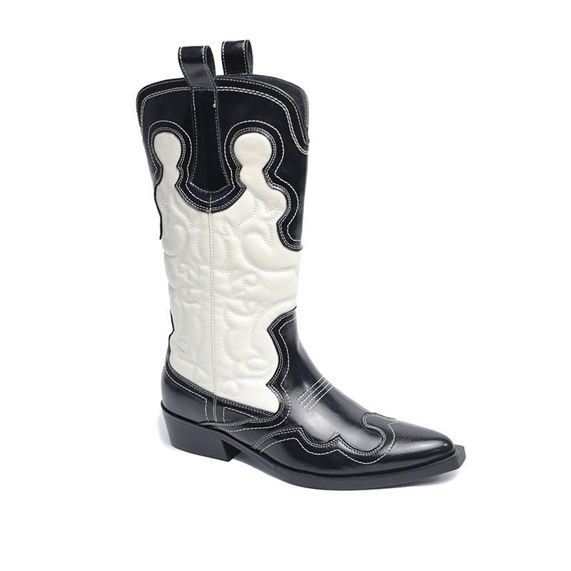 Stivali Occidentali da Donna a Mezza Gamba Tacco Chunky Punta Acuta Color Block Moda