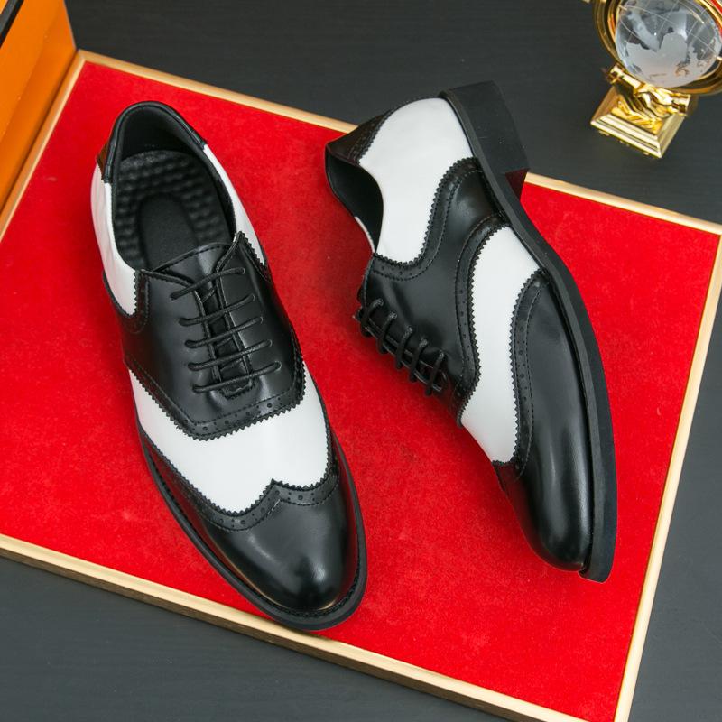 Leather Shoes Men's Spring and Autumn Dress Black and White Color Matching Men's Shoes Engraved Brock Leather Shoes Men's Wedding Shoes Derby Shoes