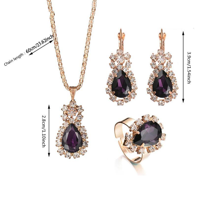 European and American Women Fashion Personality Water Drop Necklace Earrings Ring Set Shiny Bridal Jewelry