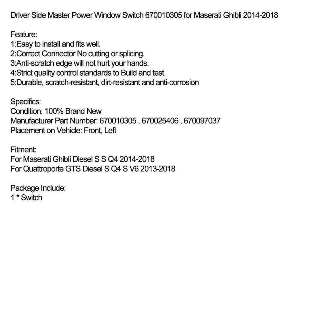 Driver Side Master Power Window Switch 670010305 for Maserati Ghibli 2014-2018