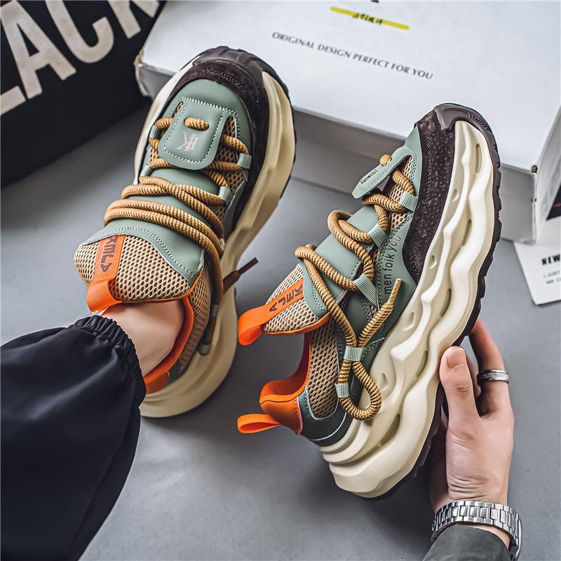 Men's Chunky Sneakers Thick Rope Lace Casual Shoes with Wavy Sole Mesh Accents
