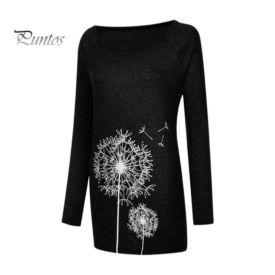 Damen-Tunika-Oberteil in Übergröße mit Löwenzahn-Print, Longline-Shirt, Rundhalsausschnitt, Langarm, Pullover, T-Shirt, lässige Bluse mit lockerer Passform für die Arbeit, den Alltag