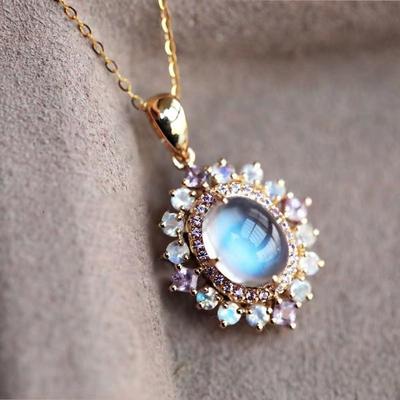 Radiant Colorful Moonlight Stone Necklace For Women Inlaid Pink Blue Crystal Pendant New In Light Luxury Elegant Jewelry