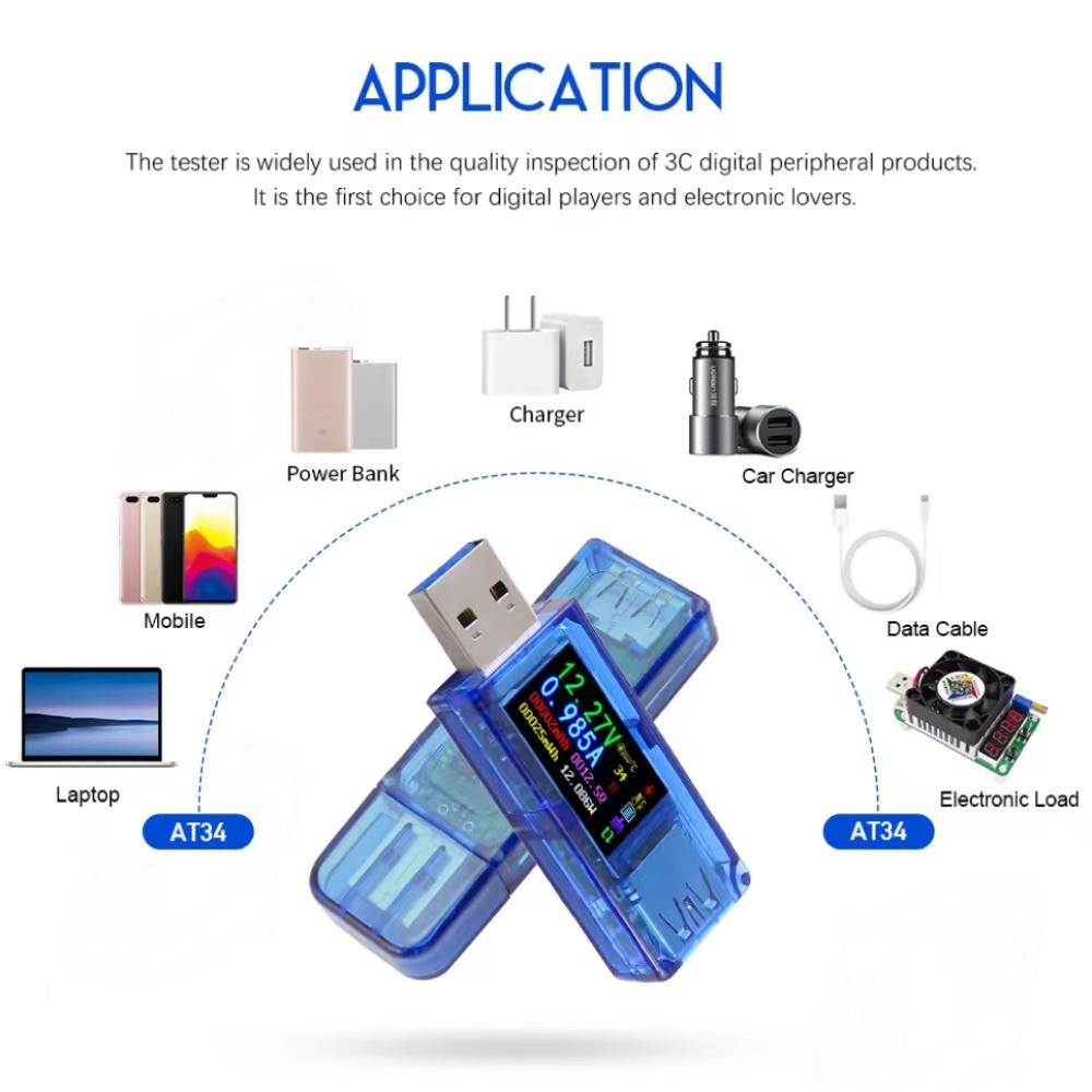 AT34 USB 3.0 Colour LCD Voltmeter Ammeter Voltmeter Multimeter Battery Charging Power Supply USB Tester